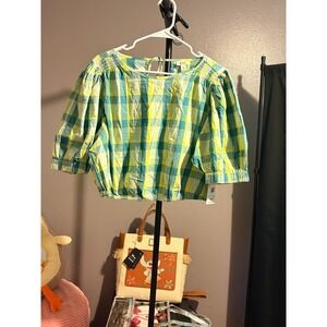 ANA- Green/Yellow/Blue Plaid Crop Puffy Sleeve Tie Back Blouse Sz XXL